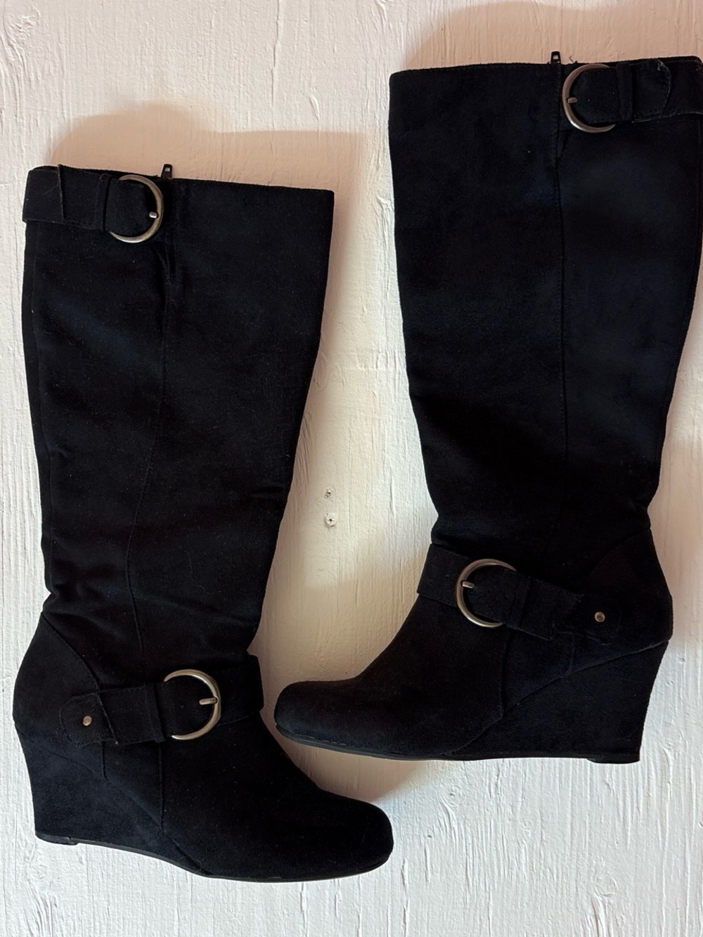 Y2K Black Suede Wedge Knee-High Boots